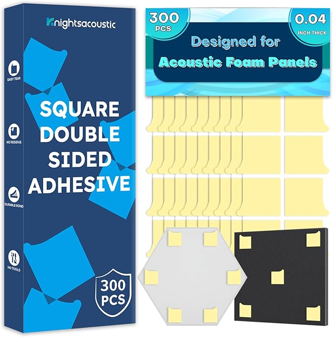 Knightsacoustic 300 PCS Double-Sided Adhesive Tape for Acoustic Soundproofing Foam Panels, Heavy Duty Wall Panel Square Adhesive Pads, Pad Mounting Adhesive Double-Sided Tape Wall Sticky for Hanging