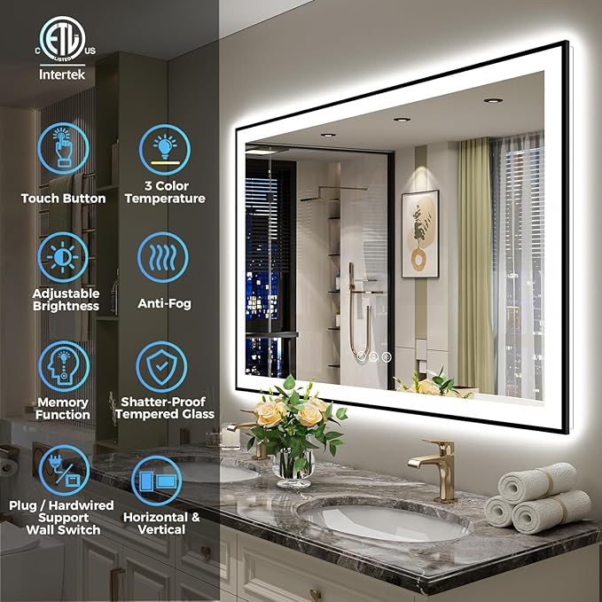 YEELAIT 55x36 Inch LED Bathroom Mirror with Lights (Front Lit and Backlit) Black Framed Lighted Vanity Mirror for Bathroom Wall Dimmable Anti-Fog Memory Tempered Glass Horizontal/Vertical