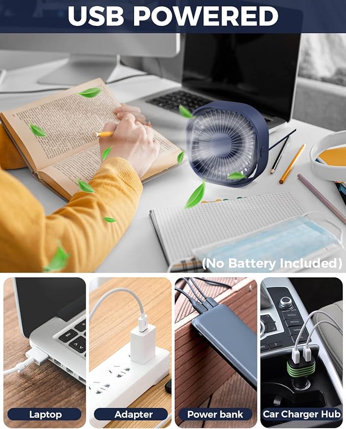 RJVW 4 Inch Small USB Desk Fan, 3-Speed Portable & 360°Rotatable Mini Cooling Fan, USB-Powered Desktop Fan for Home Office Bedroom Dorm Indoor Outdoor Summer Gift