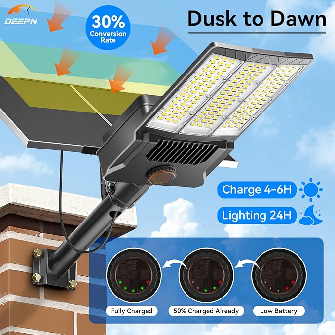 Deepn Solar Street Light 12000W Aluminum Commercial Grade Solar Parking Lot Lights with Motion Sensor & Dusk to Dawn IP67 Waterproof Heavy Duty Security Flood Lights for Street, Yard, SZ4000, 2Pack