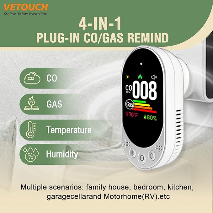 VETOUCH Plug-in Combination air Detector, 4 in 1 Combination Natural Gas and Carbon Monoxide Detector, detects CO, Gas,and Humidity Values. for Home, Bedroom, Kitchen, RV, 1 Pack