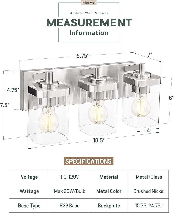 METWET Bathroom Light Fixtures, 3-Light Vanity Light with Square Clear Glass Shade, Brushed Nickel Modern Wall Sconces, Vanity Lighting Fixtures Over Mirror, VL194-BN-3