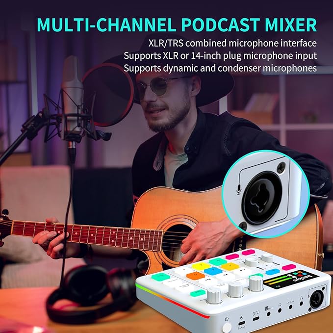 Bonkyo Gaming Audio Mixer & USB Interface with XLR Microphone, Bluetooth 5.0, RGB Effects, 48V Phantom Power, Voice Changer, G1 Sound Card for PS5, TikTok Live Streaming, Podcasting（White）