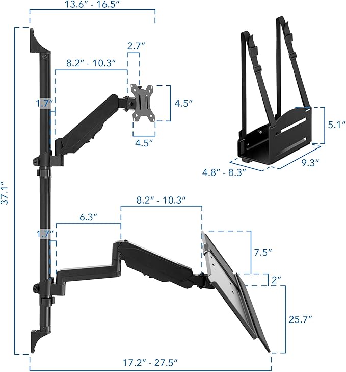 Mount-It! Wall Mount Workstation with Single Monitor Mount, Keyboard Tray and CPU Holder, Height Adjustable Full Motion Arms, Fits One 32 Inch Computer Screens