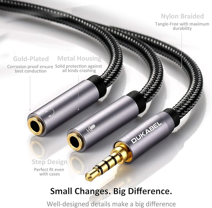 DUKABEL Long Headsets Splitter Adapter (4ft/1.2m) 3-Pole TRS Micprhone & Audio Female to Single 4-Pole TRRS Male Jack Stereo Audio/Crystal-Nylon Braided / 24K Gold Plated / 99.99% 4N OFC
