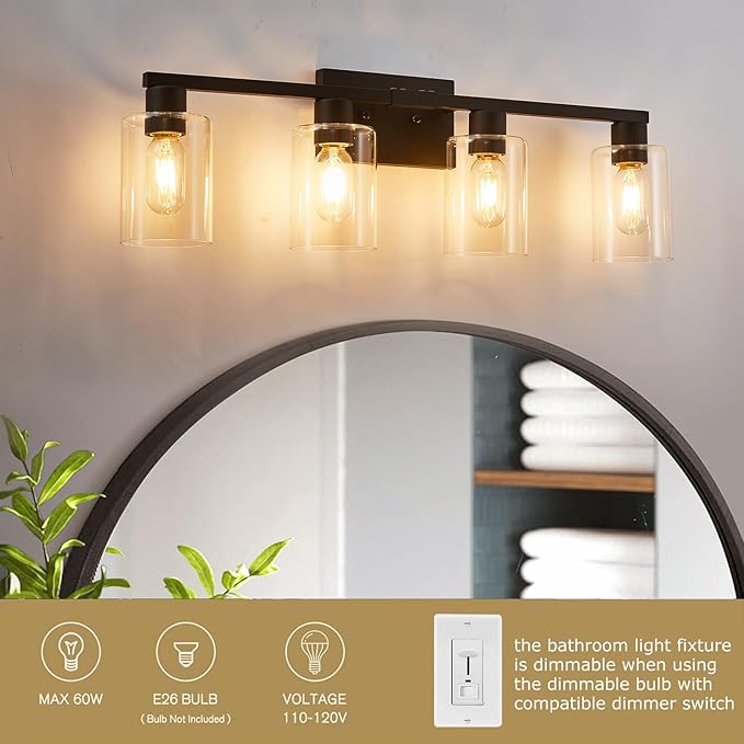 SOPEAS 4 Light Bathroom Vanity Light Fixtures, Black Farmhouse Bathroom Vanity Light with Clear Glass Shade, Bathroom Lighting Fixtures Over Mirror, Vanity Lights for Bathroom Mirror