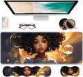 Ergonomic Keyboard Wrist Rest & Mouse Pad Wrist Rest Set, Large XXL Gaming Desk Mat 31.5"x 11.8" with Non-Slip Base, Memory Foam, Easy Typing Pain Relief for Home & Office - African American Girl