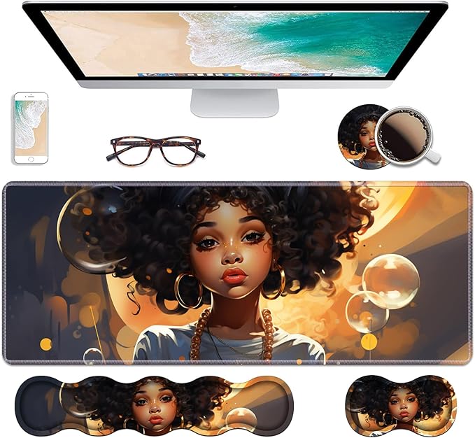 Ergonomic Keyboard Wrist Rest & Mouse Pad Wrist Rest Set, Large XXL Gaming Desk Mat 31.5"x 11.8" with Non-Slip Base, Memory Foam, Easy Typing Pain Relief for Home & Office - African American Girl