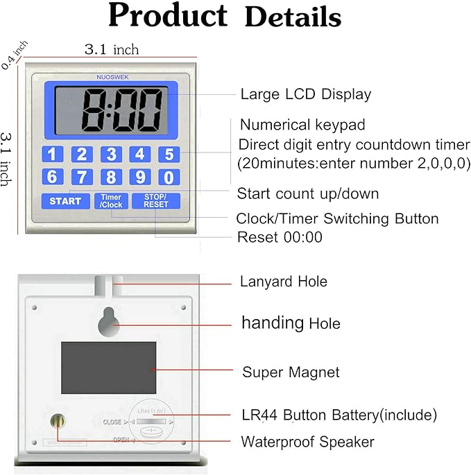 NUOSWEK Digital Timer Waterproof Shower Timer Shower Clock Direct Digit Entry Bathroom Kitchen Timer with Strong Magnet and Large LCD Display (Waterproof 13 Key)