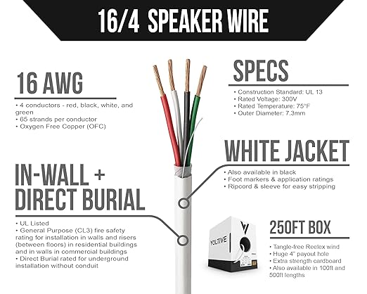 Voltive 16/4 Speaker Wire, in-Wall CL3 & Direct Burial, White, 250ft - 16AWG, 4 Conductors, Stranded Oxygen-Free Copper, UL Listed - V-1211-4