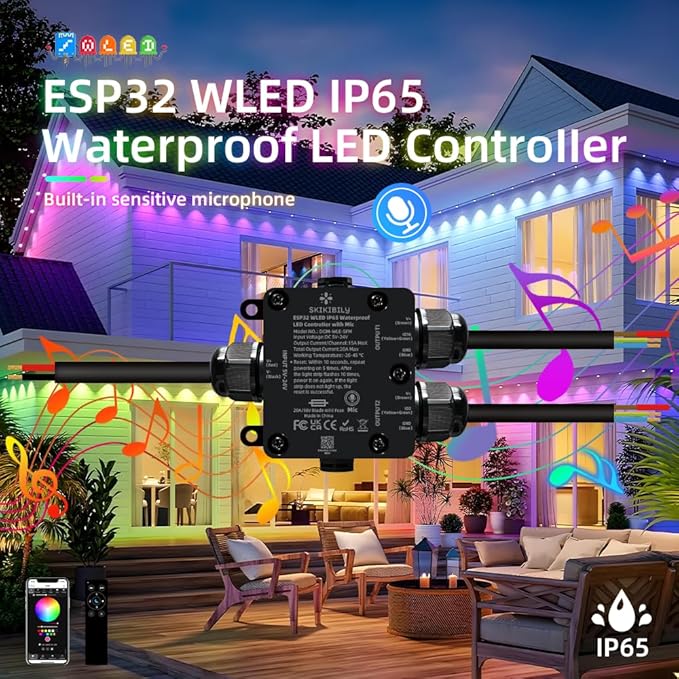 Skikibily ESP32 WLED LED Controller with Mic for Music Sync, APP/Web Control, IP65 Waterproof, 5V/12V/24V WS2812B SK6812 WS2811 RGBIC Addressable LED Strip Lights, 20A Output Fuse Protection