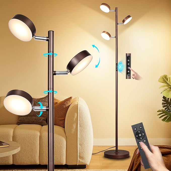 Benaep Tree Floor Lamp for Living Room - Modern Brown Standing Lamp, LED Floor Light with Remote & Touch, 3000K-6000K Dimmable for Bedroom Office Reading (3 Head)