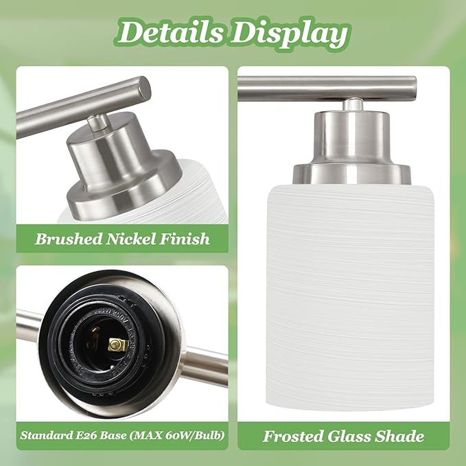 Guliaofo 2-Light Vanity Lights, Brushed Nickel Bathroom Light Fixture with Striped Textured Milky White Glass Shade, E26 Modern Vanity Lighting Fixture for Bathroom Wall Sconce Light Over Mirror