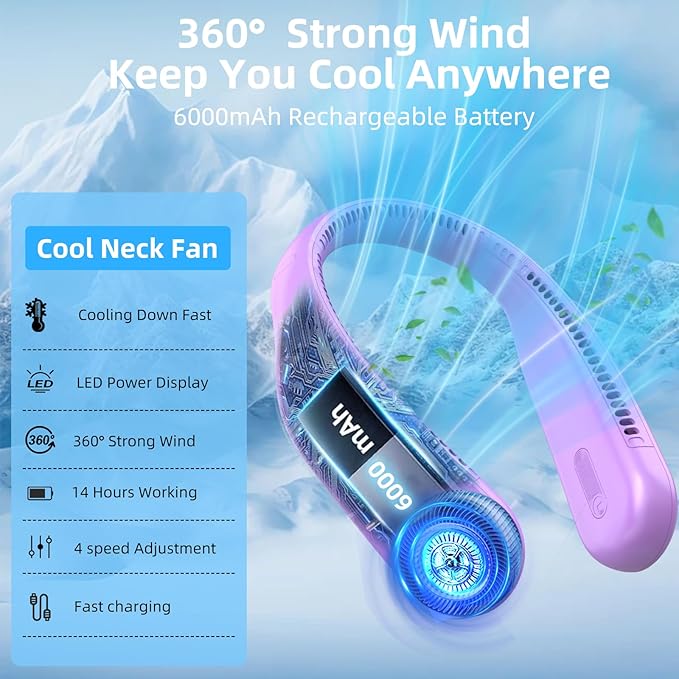 Portable Neck Fan,Hands Free Personal Wearable Bladeless Fan,6000mAh USB Rechargeable,360° Cooling,LED Display,4-Speeds,Birthday Gifts for Men Women Dad Mom,Valentines Day Gifts for Her Him (Purple)