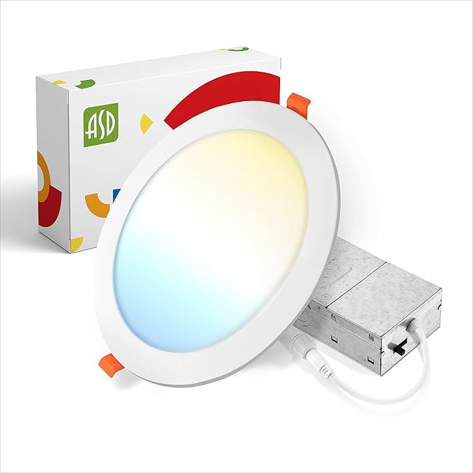 ASD 1 Pack 8 Inch LED Recessed Light 20W, 5 CCT 2700K-5000K CRI90+, IC Rated Ultra Thin Dimmable Ceiling Lights with J Box, Canless Wafer Downlight, Round Slim Panel Lighting, UL Listed, White