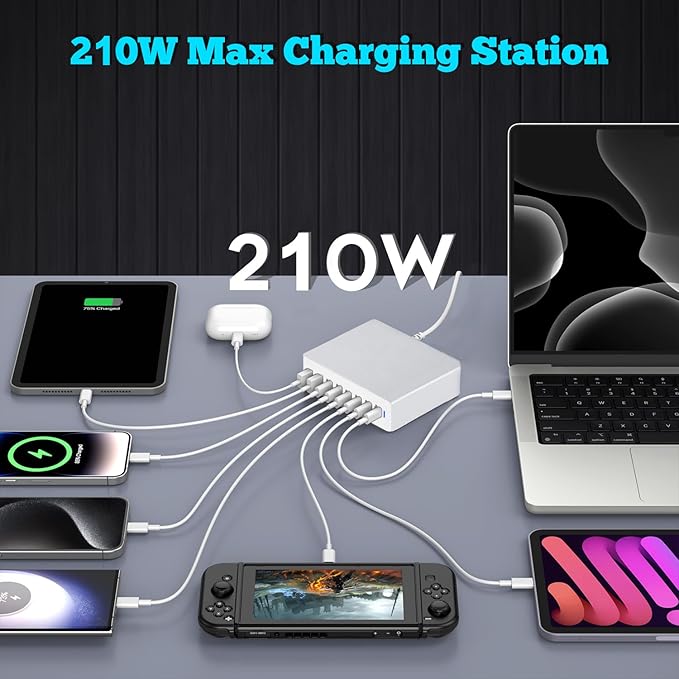 USB C Charger Block 200W, GaN 8-Port USB-C PD Fast Charging Station Desktop Hub, PD65W Laptop Charge Adapter Compatible with MacBook Pro/Air/DELL/Steam Deck/iPhone 16/15/Galaxy S22/S23