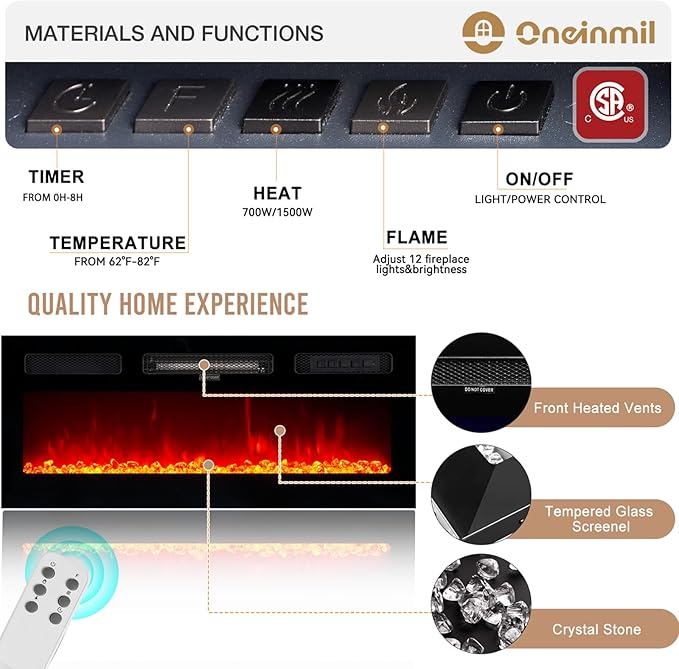oneinmil 36" Electric Fireplace Integrated TV Stand - 70" 2-Tier Console for TVs up to 80", Ideal for Living Room Settings, Gray
