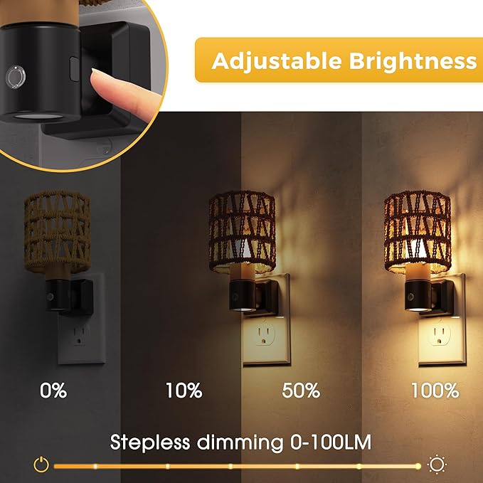 L LOHAS LED Night Lights Plug into Wall, 2 Pack Cylindrical Ironwork Boho Lampshade Decor Night Light, 350° Rotatable Dusk to Dawn Sensor Vintage Nightlight, Dimmable for Bedroom Living Room Hallway
