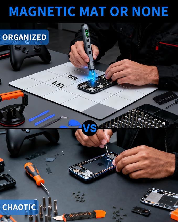 Magnetic Project Mat Showpin Magnetic Mat for Screws with Dry Erase Pen, Cleaning Cloth - Professional Magnetic Pad Preventing Small Screws from Getting Lost and Unorganized - 9.8x7.9 inches