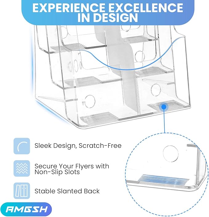 AMGSH 3 Tier Brochure Stand - Acrylic Literature Holder with Removable Divider for 4' x 9' Brochure, Clear Flyer Holder Pamphlet Display Stand