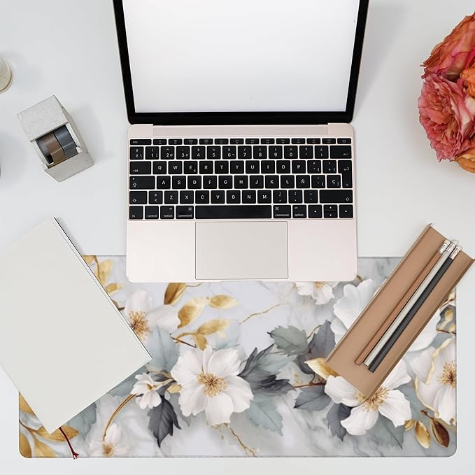Eflxamz Desk Mat,White Gold Marble Desk Pad,White Flowers Golden Leaves Large Gaming Mouse Pad for Desk,Extended Big Computer Keyboard Mouse Pad with Non-Slip Base and Stitched Edge,35.4"x15.7"