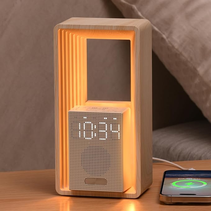 WILIT Digital Alarm Clock, Sunrise Alarm Clock with Nightlight, 9 Sleep Aid Sounds, White Noise Sounds Machine, Dimmable Display,USB Charging Port,Wood Grain Imitation,Gift for Women,Men,Travel