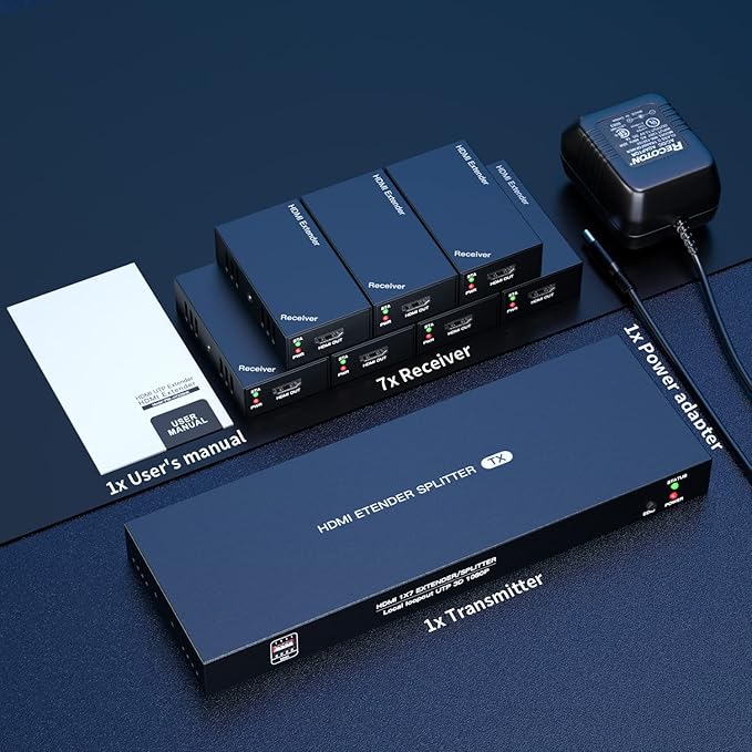 HDMI Extender Splitter 1x7 1080P@60Hz Over Cat 5E/6/7 Ethernet Cable 50m (164ft) Support HDMI loopout EDID Copy POC Function (1 in 7 Out), Monitor