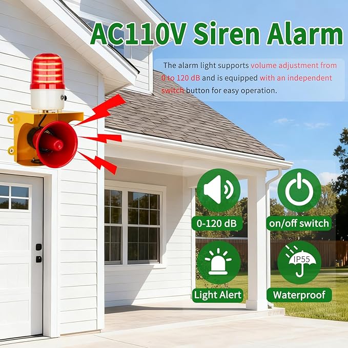 kbaoele AC110V Industrial Siren Alarm Strobe Light-120dB Loud Horn&Waterproof Red Beacon Warning Light for Emergency,Factory,Fires,Tornado,Intruder Deterrent (with Switch&Volume – Adjustable 0–120dB)