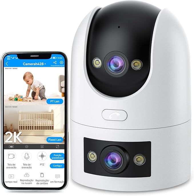 2K Indoor Cameras for Home Security, Dual-Lens Security Camera 360° PTZ for Baby Monitor Pet Cam, Built-in Spotlight, Night Vision, Motion Detection, 2-Way Audio, 2.4GHz & 5GHz WiFi, Works w/Alexa
