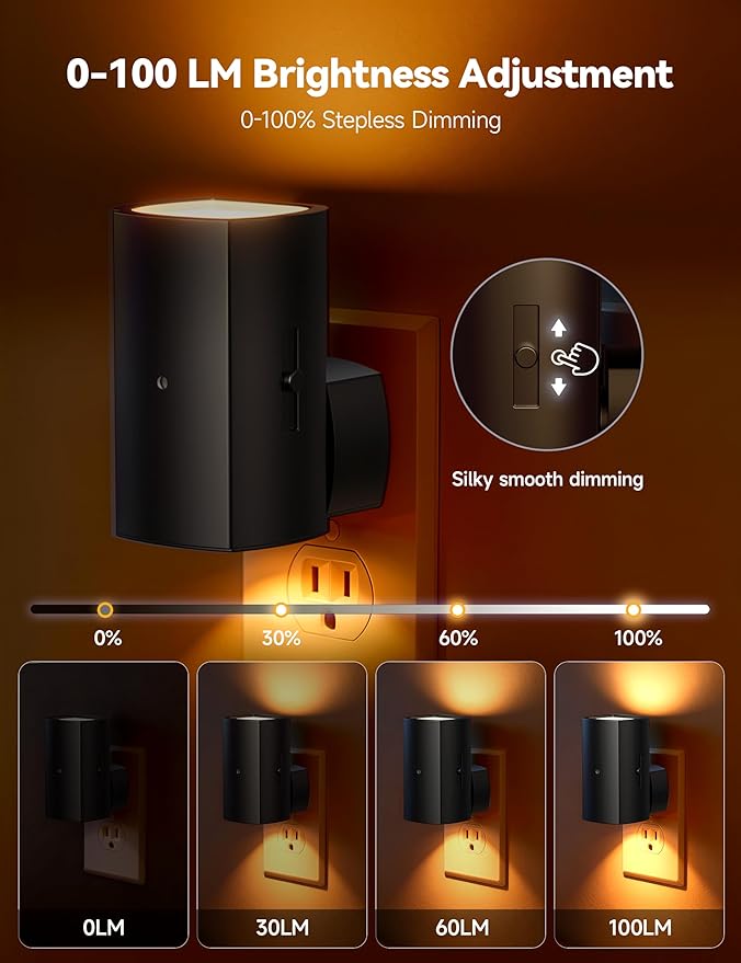 Brightown 2 Pack Black White Night Lights Plug into Wall, Modern Night Light with Rotating Plug, Dusk to Dawn Sensor, 0-100LM Stepless Dimming Aora Night Light for Hallway Bedroom Bathroom,Amber