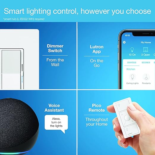 Lutron Diva Smart Dimmer Light Switch for Caseta Lighting (Lutron Smart Hub Required), for LED Lights, 150W, Single-Pole/3-Way, No Neutral, White, 3 Pack (DVRF-6LS-WH-3)