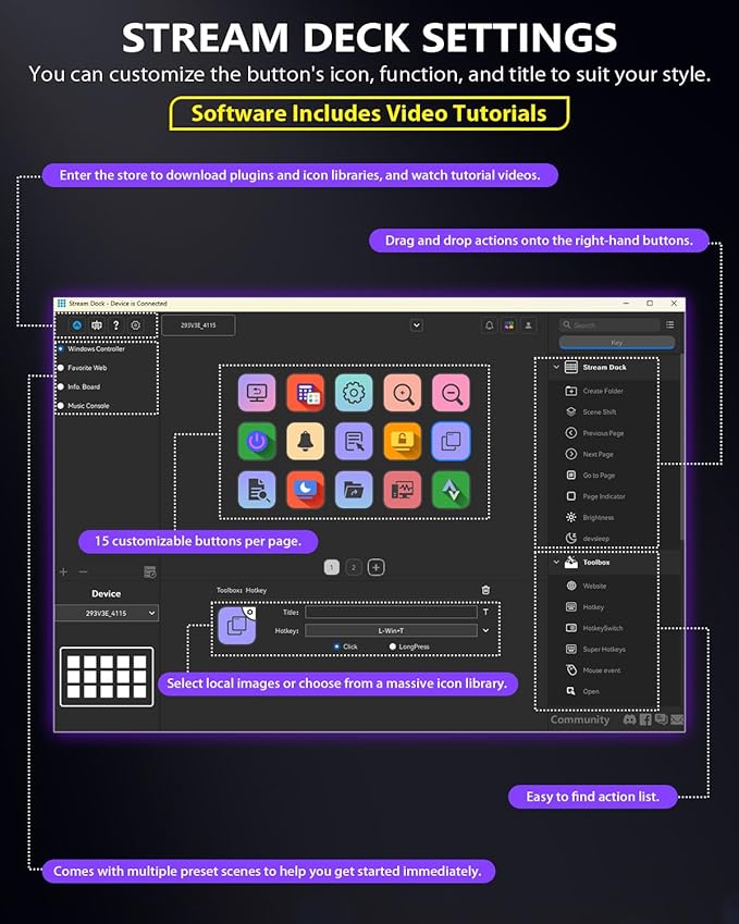 GuileKeys Stream Controller, Stream Deck with 15 Macro Keys Customizable, Gaming Macro Keypad with Trigger Actions in OBS/Twitch/YouTube/Streamlabs/Discord/Zoom, Compatible with Mac/PC, Foldable Stand