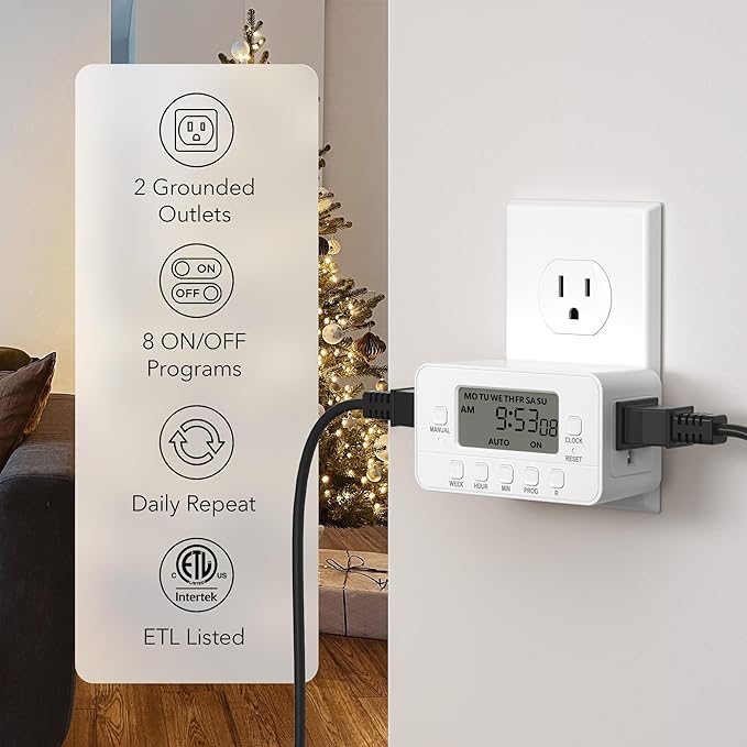 BN-LINK 7-Day Heavy Duty Digital Timer with Dual Outlet, LCD Display, 3-Prong Programmable Design, for Lights, Fans, Coffee Machine, Home, Kitchen, Office, Indoor Use, 125V 15A 1875W, 1 Pack
