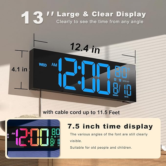 JALL 13" Large Digital Wall Mount Clock, Count Down Timer, Alarm, Big LED, DST, Temperature for Living Room Classroom Desk, Xmas, Birthday Gift for Senior Mom Dad, Blue
