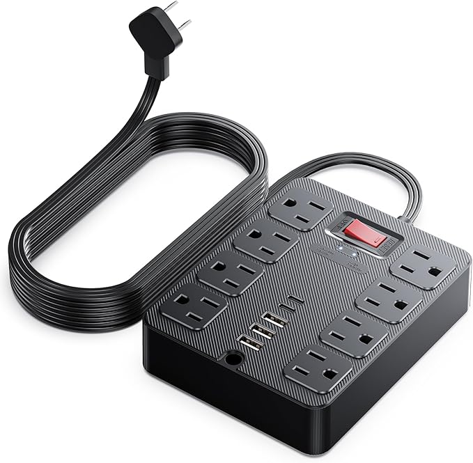 13 in 1 Surge Protector Power Strip Flat Plug 8 Widely AC Outlet 3 USB Ports,1250W/10A，5 ft Extension Cord with Multiple Outlets, Desk Extender for Dorm, Home,Travel， Office Essentials,ETL Listed