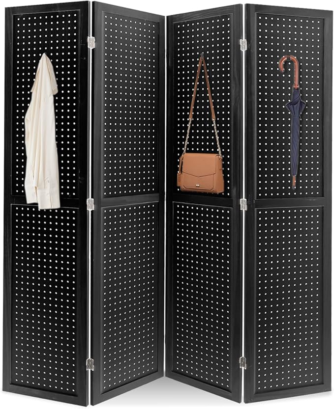 ECOMEX 4 Panel Room Divider, 5.6Ft Pegboard Display Wooden Room Divider Folding Privacy Screen Room Divider Freestanding Peg Board Display for Trade Show Craft Show Home Wall Organizer, Classic Black
