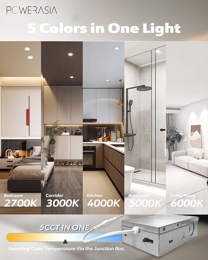 POWERASIA 24 Pack Recessed Lighting 6 Inch with Junction Box, 5CCT 6 Inch LED Recessed Lights Dimmable 2700K-6000K, 15W 1200lm Ultra Thin Recessed Lighting - ETL and Energy Star