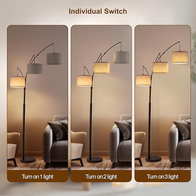 Fansdrick 3 Light Arc Floor Lamps for Living Room, 2400LM Super Bright Floor Lamp with Remote Control, 80" Tall Floor Lamps with Stepless Dimmable, Mid Century Tree Floor Lamp for Bedroom, Office