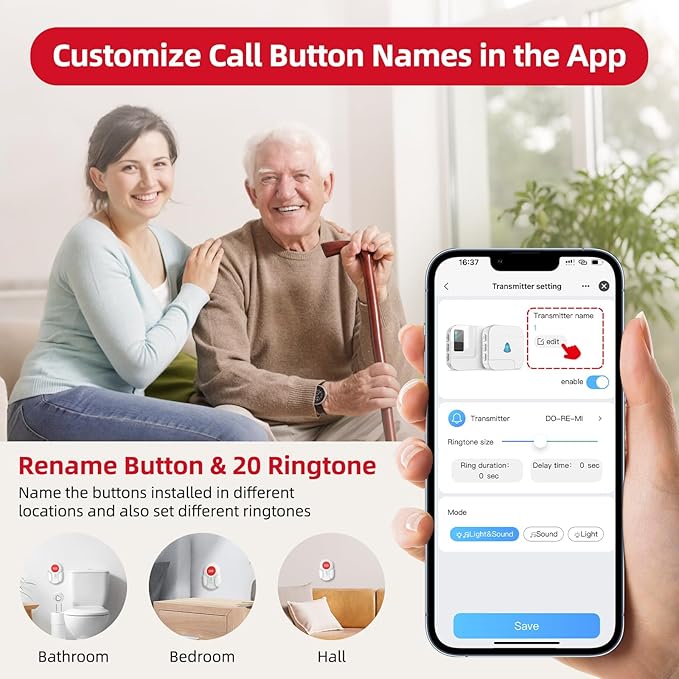 CallToU Wi-Fi Wireless Caregiver Pager Call Button for Elderly at Home , APP Emergency Alert for Seniors, Patients, and The Disabled (TY02BL-US 2-1)
