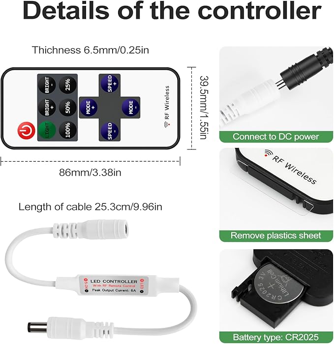 RGBZONE 2 Pack Mini RF LED Dimmer, Single Color Controller for 5050 3528 5630 Strip Lights, DC5V/DC12V/DC24V Single Channel LED Controller, 11-Keys RF Wireless Remote Control