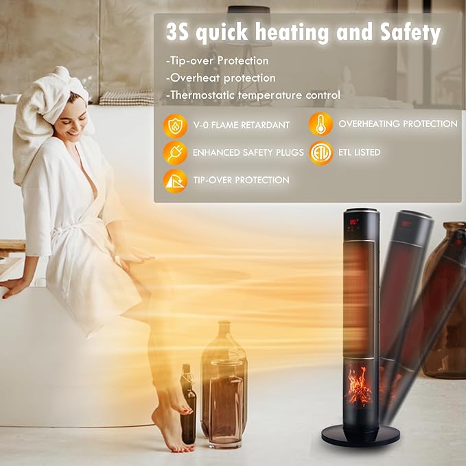 Portable Electric Space Heater for Large Room 37" Ceramic Tower Heater with 3D Flame for Room Heating,Oscillating,Remote Control,Tipover &overheating protection for Indoor Use(Black-I)