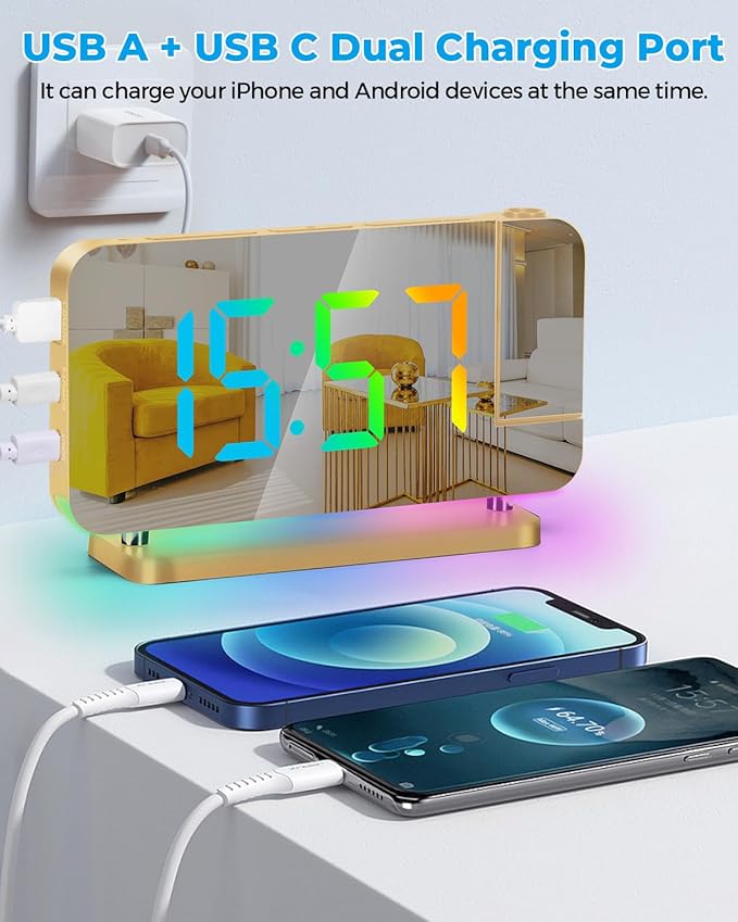 SZELAM Projection Alarm Clock,7.4" LED Mirror Digital Clocks Large Display,with 180° Rotatable Projector,RGB Night Light,USB C Port,Auto Dimmer, Loud Desk Clock for Heavy Sleeper Bedroom - Gold