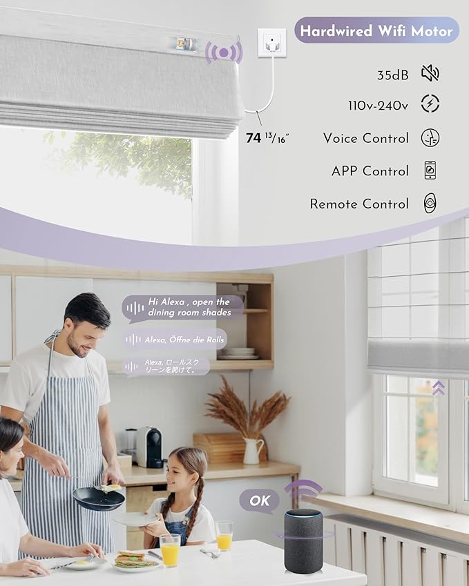 Graywind Smart Roman Shades 20% Blackout Compatible with Alexa Google WiFi Hardwired Automatic Blind Remote View Visible Roman Window Shades for Windows Doors, Custom Size (Semi-Sheer Grey)