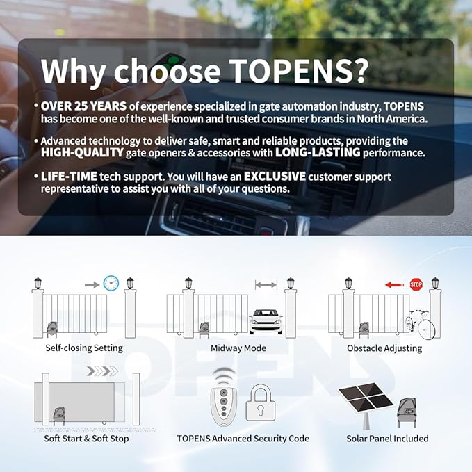 TOPENS DKC1100S Solar Sliding Gate Opener Chain Drive Automatic Gate Motor for Heavy Driveway Slide Gates Up to 2600 Pounds, Electric Gate Operator Battery Powered with Solar Panel Remote Control Kit
