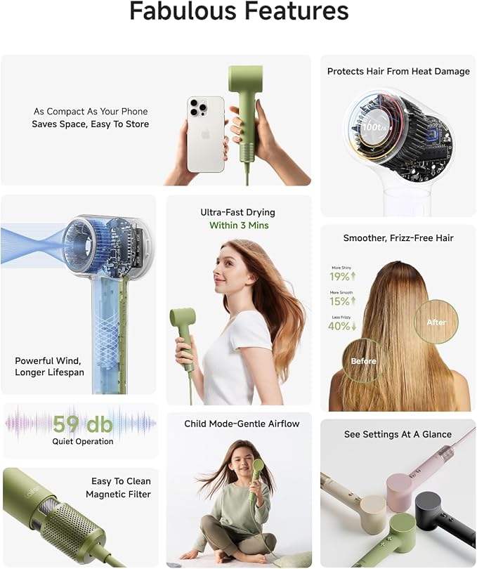 Laifen MINI Hair Dryer, Lightweight and Compact High Speed 200M Ionic Blow Dryer with 110, 000 RPM Brushless Motor for Fast Drying, Low Noise, Hairdryer with Magnetic Nozzle, Child Mode