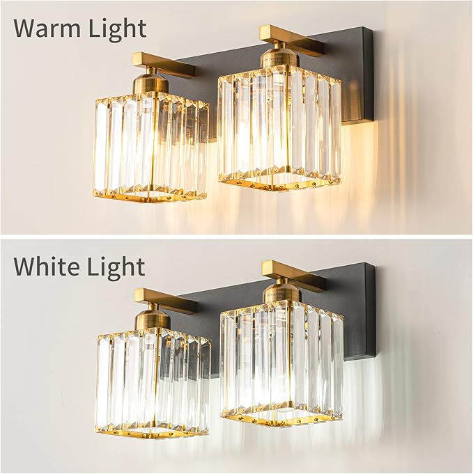 FDPBY Modern Bathroom Vanity Light 2-Lights Black Gold Crystal Bathroom Wall Light Vanity Light Fixtures，12.59-inch Modern Minimalist Design