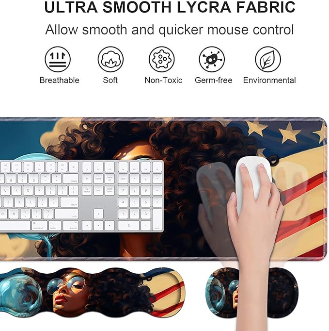 Ergonomic Keyboard Wrist Rest & Mouse Pad Wrist Rest Set, Large XXL Gaming Desk Mat 31.5"x 11.8" with Non-Slip Base, Memory Foam, Easy Typing Pain Relief for Home & Office, African American Girl