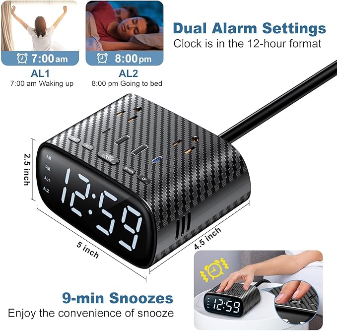 10PCS Alarm Clock with 2 USB-C, 2 USB-A Chargers Power Strip 2 Outlets - Screen LED Dimmable Digital Clock with Snooze Function - Dual Alarm for Bedside Nightstand