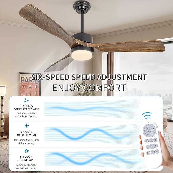 revoici 52" Ceiling Fans with Lights and Remote Control, Indoor Outdoor Ceiling Fans Farmhouse, Timing 6 Speeds 3 Color Light with Memory Lighting Function