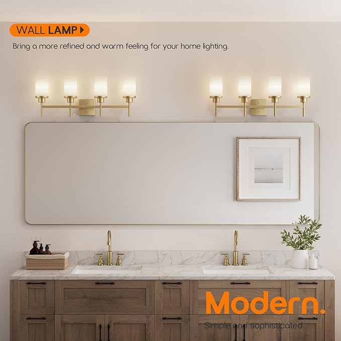 AONEON Wall Light Fixtures 4-Light Over Mirror, Gold Vanity Lights with White Frosted Glass Shade, Wall Sconces for Bathroom Washroom Kitchen T001GD-L4